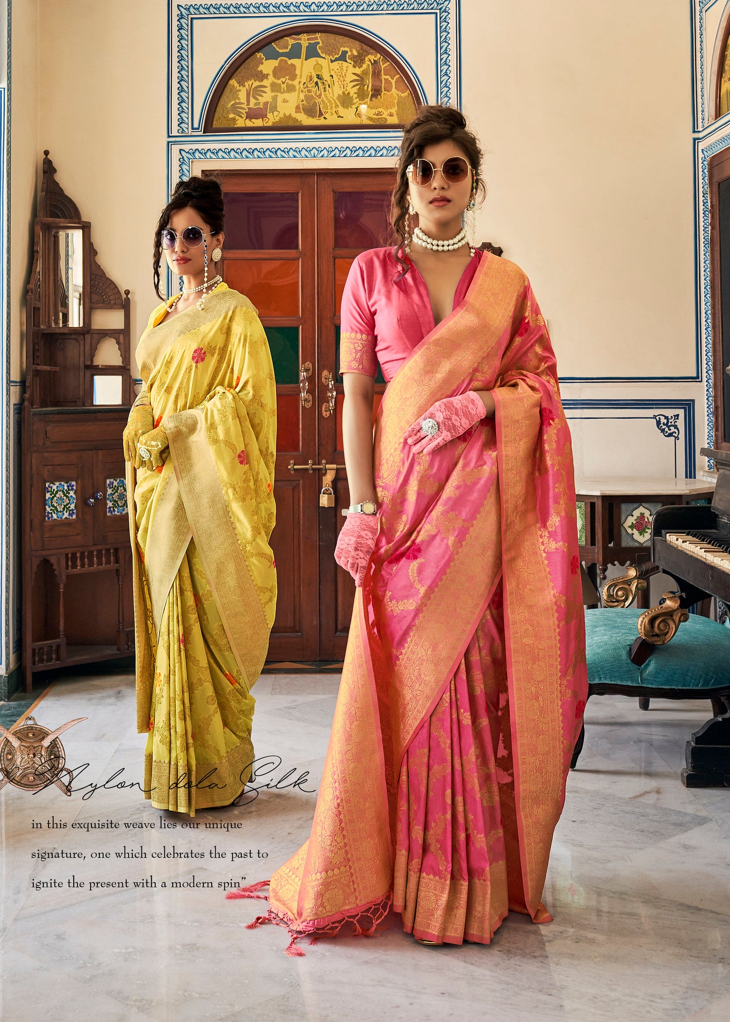 Sunflower Yellow  Banarasi Jungla Jaal Meenakari Weaving Saree for Weddings