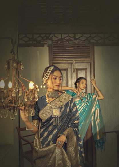 Charcoal Grey Soft Banarasi Saree with Lehariya Style Zari Weaving