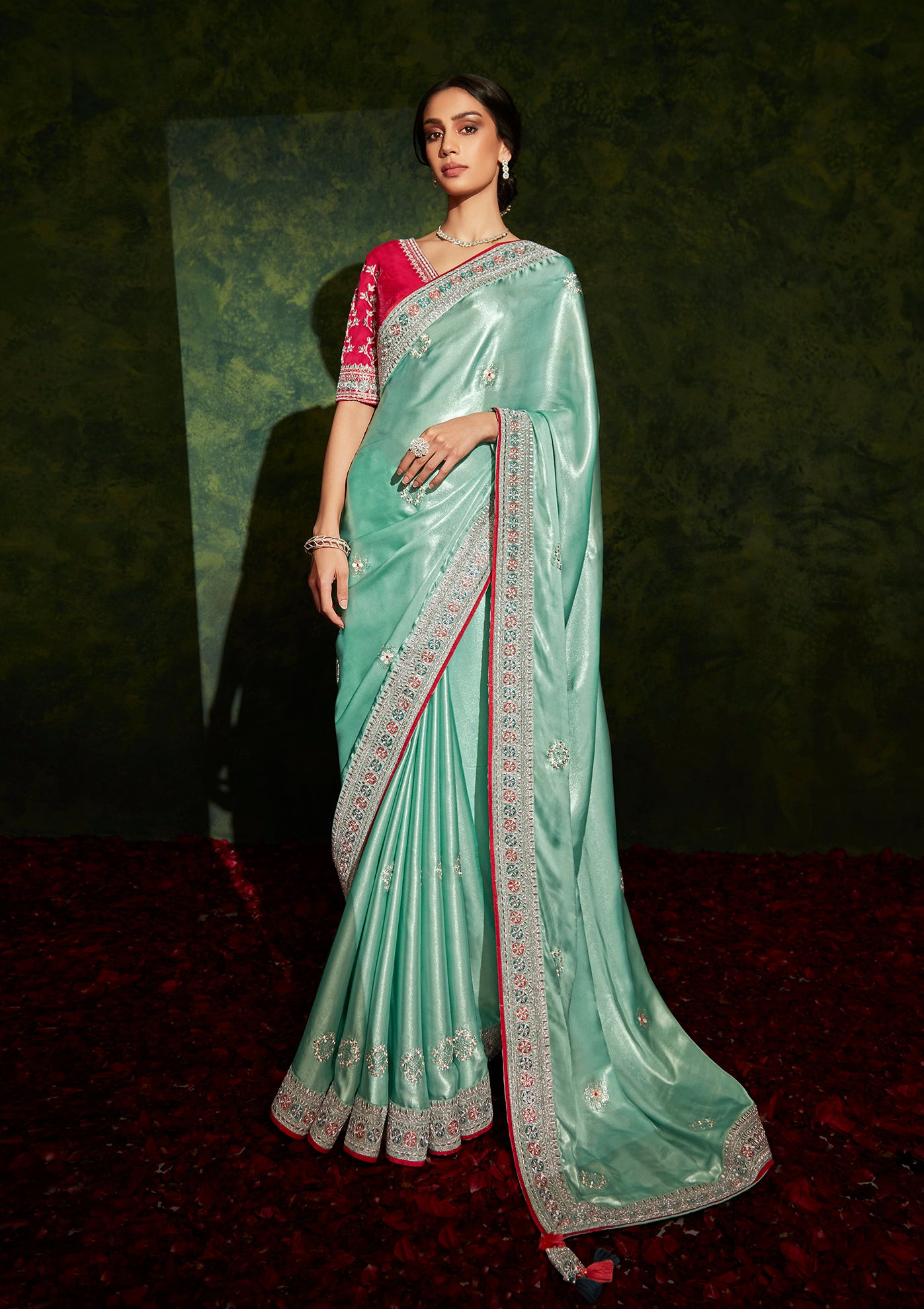 Sage Green Glossy Organza Saree with Embroidered Border and Contrast Blouse