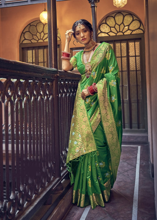 Bright Green Banarasi Kaduwa Dual Zari Woven Saree for Weddings