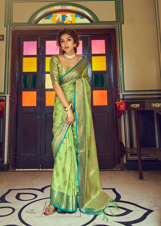 Basil Green Woven Banarasi Saree for Weddings