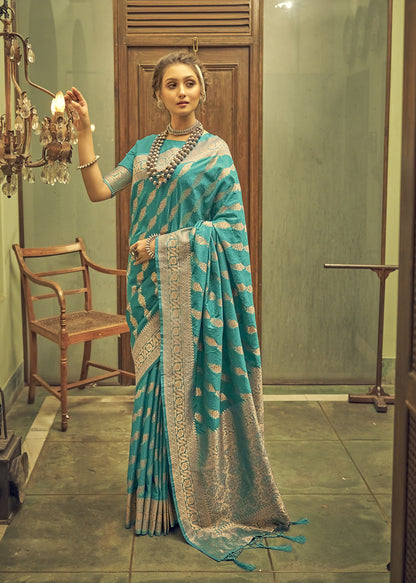 Teal Soft Banarasi Saree with Lehariya Style Zari Weaving