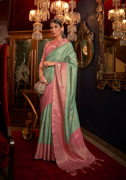 Light Green with Pink  kanjivaram Pattu Saree for Woman