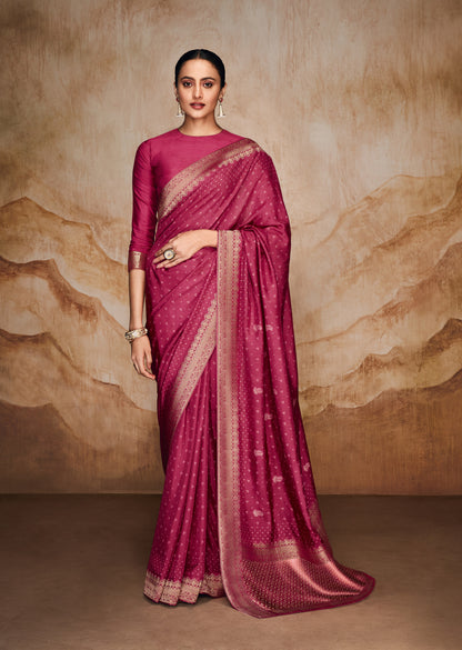 Dark Rose Pink Bandhani Saree with Embroidered Border and Velvet Blouse