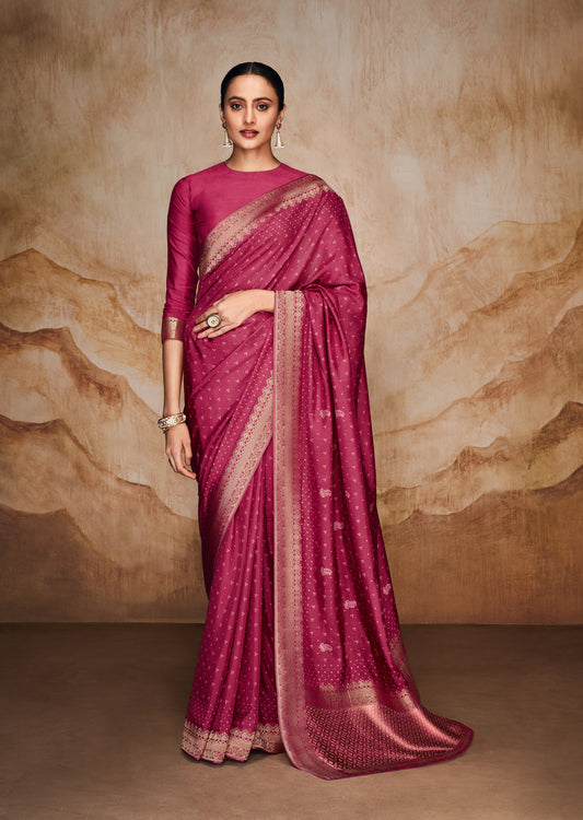 Dark Rose Pink Bandhani Saree with Embroidered Border and Velvet Blouse