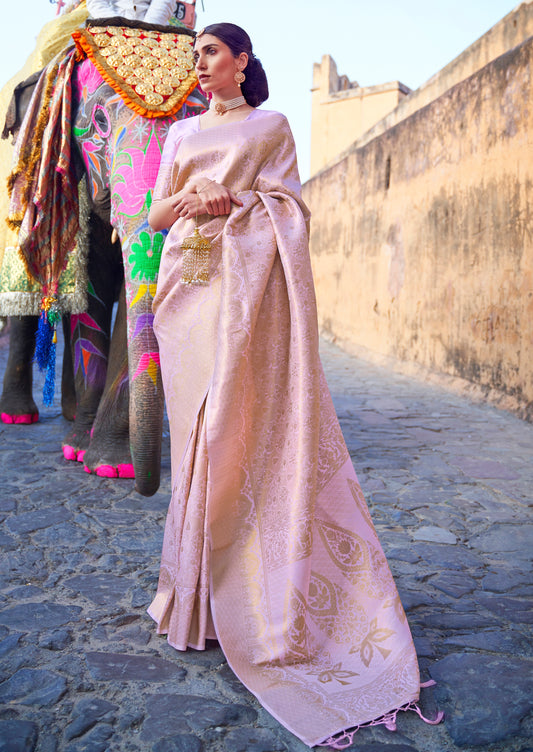 Flamingo Pink Brocade Single Tone Kanjivaram Saree With Zari Weaving