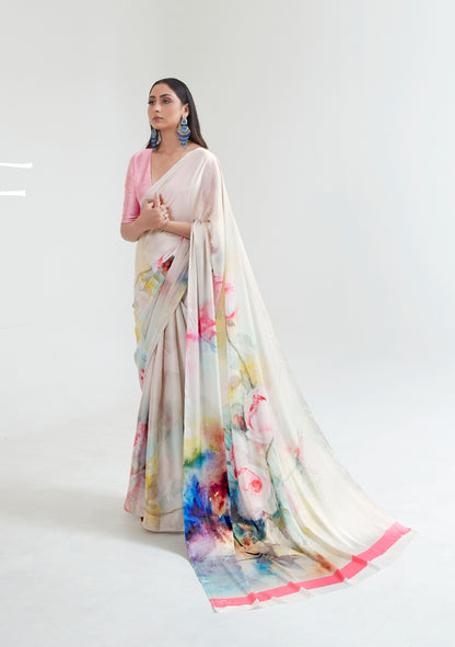 Light Pink & White Abstract 3D Printed Pure Satin Silk Saree for Weddings