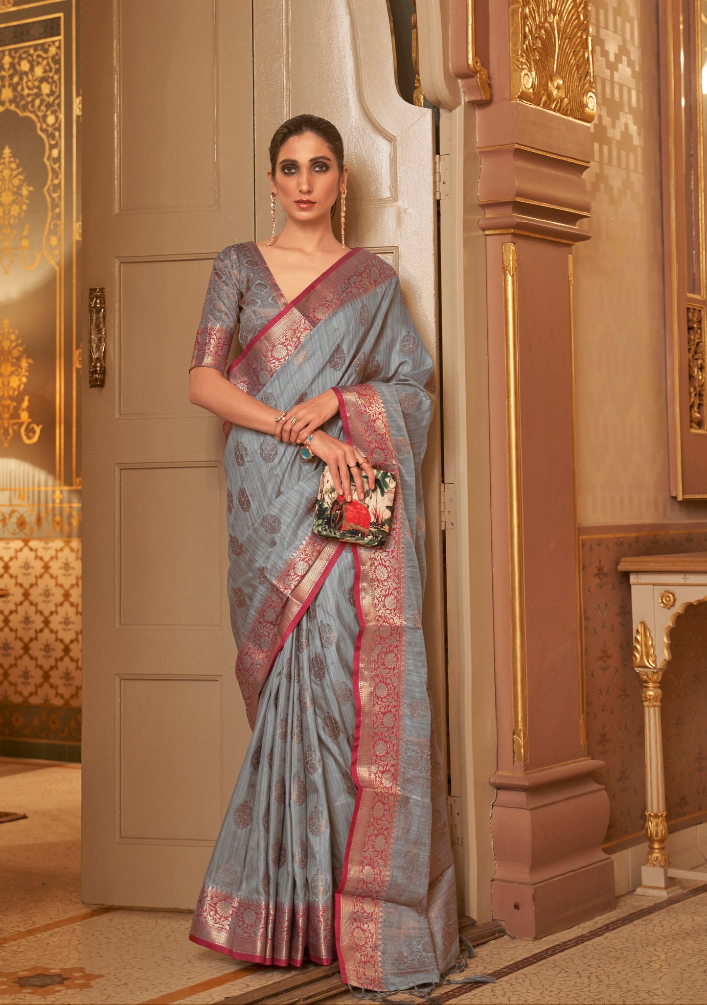 Grey with Red Soft Tussar Silk Saree with Copper Zari Butti