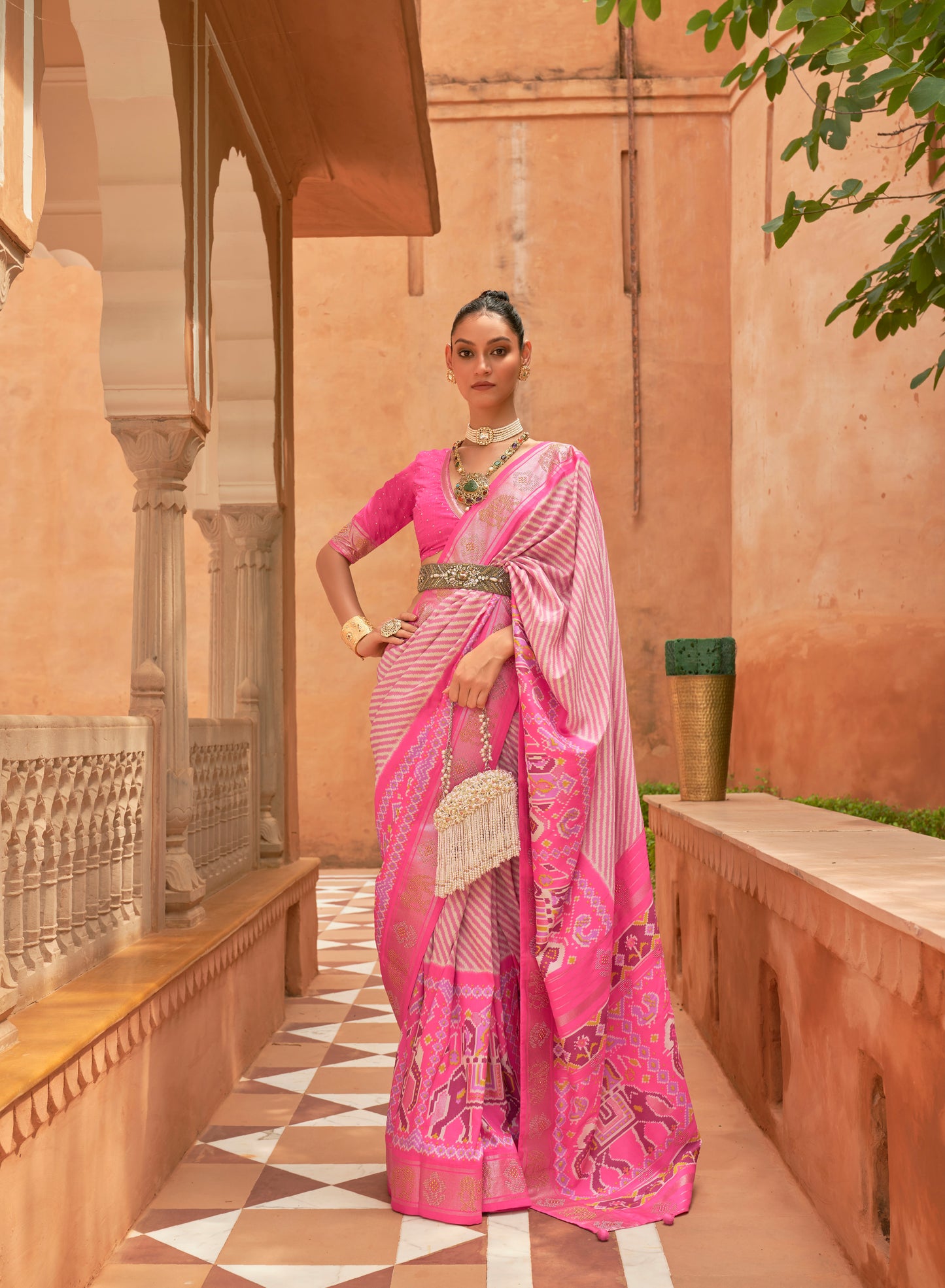 Baby Pink Patola Silk Saree For Woman With Zari Border Patola Saree