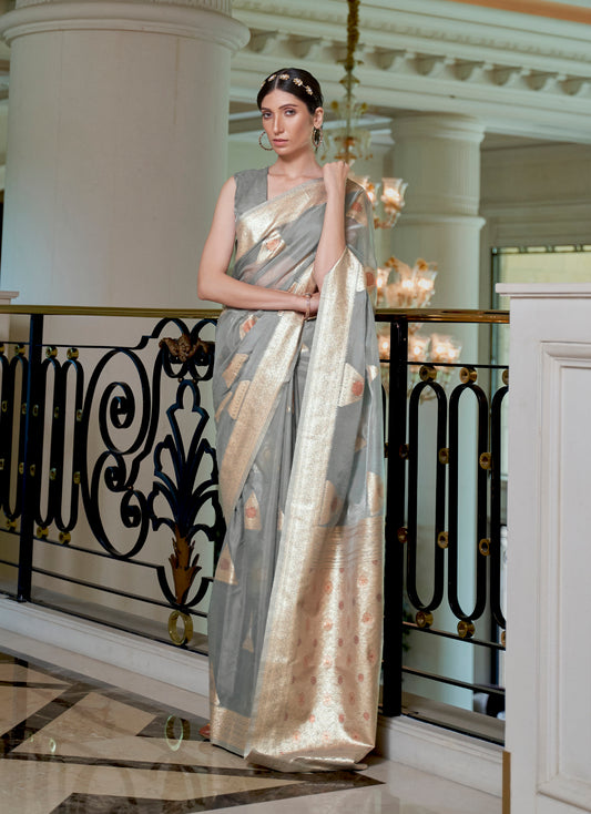 Silver Grey Woven Banarasi Organza Saree with Zari Pallu