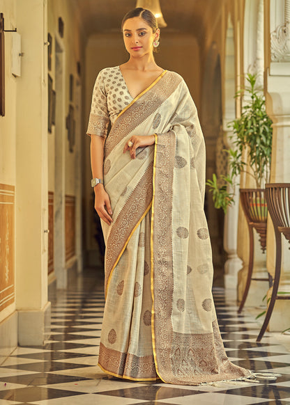 White Pure Linen Woven Silk Saree