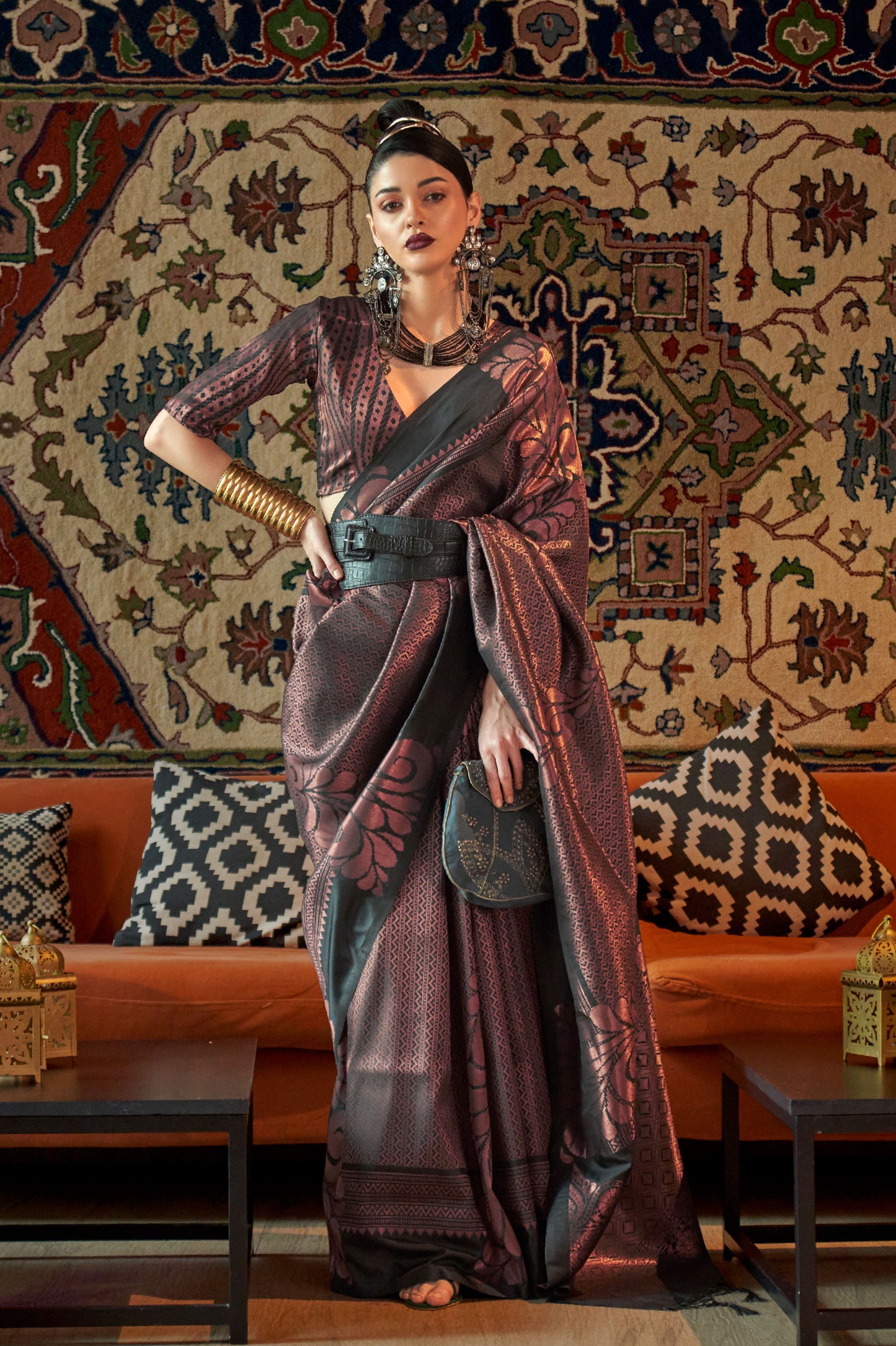 Black Copper Zari Woven Soft Silk Saree