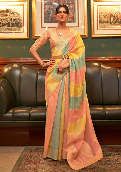 Salmon, Peach and Yellow Shadded Beautiful Organza Silk Saree Blouse for Woman