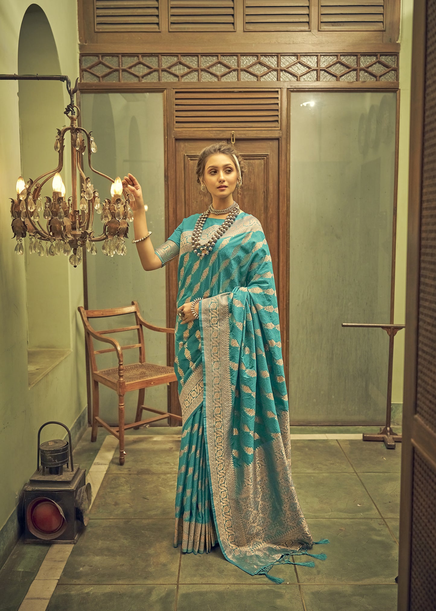 Teal Soft Banarasi Saree with Lehariya Style Zari Weaving