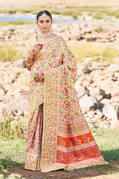 Butter Yellow Woven Kashmiri Designer Saree with Intricate Zari Border and Pallu