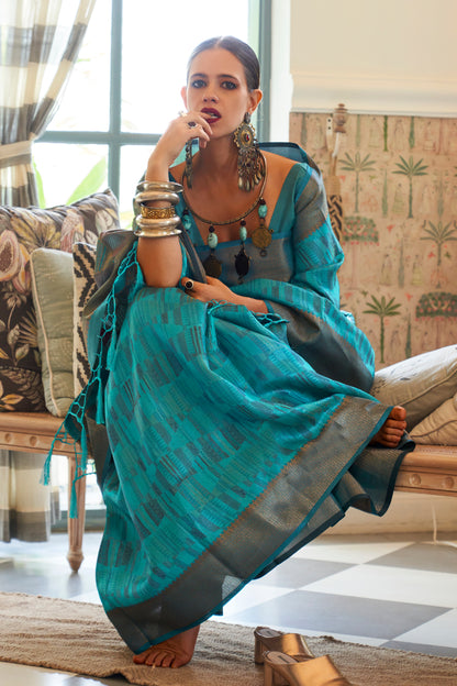 Firozi Blue Tussar Woven Designer Silk Saree for Weddings