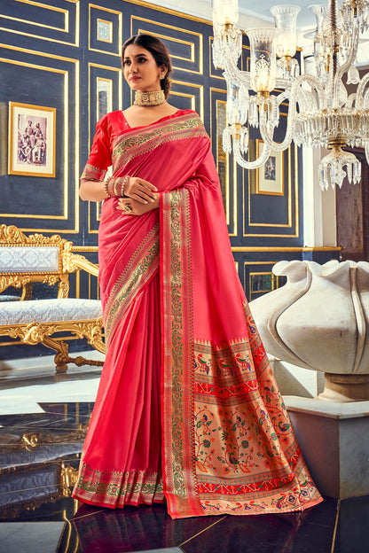 Dark Peach Paithani Woven Pallu and Border Saree with Contrast Blouse