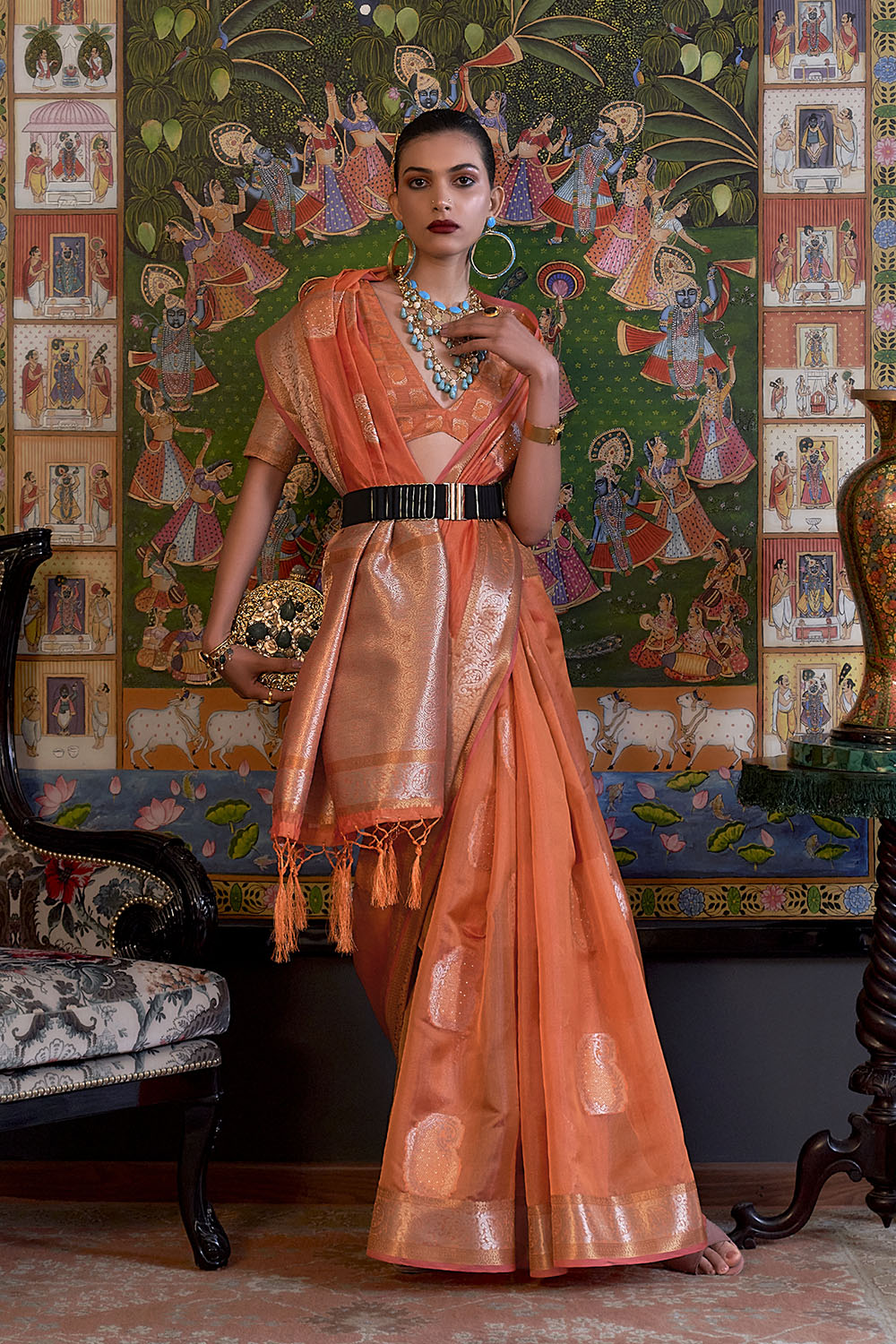 Apricot Orange  Soft Organza Silk Zari Woven Soft Silk Saree