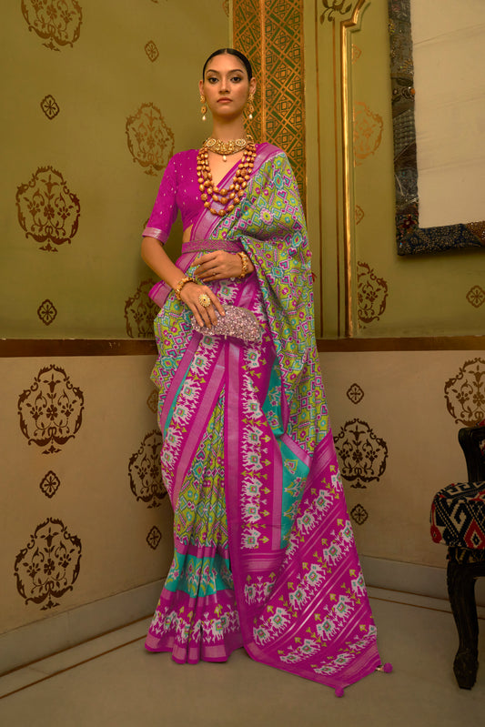 Green with Pink Ikat Design Patola Saree with Patola Border and Blouse