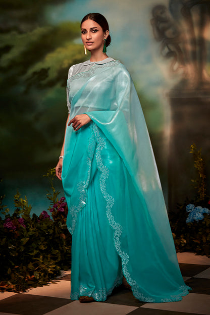 Ombre Blue Feather Light Organza Saree with Designer Blouse