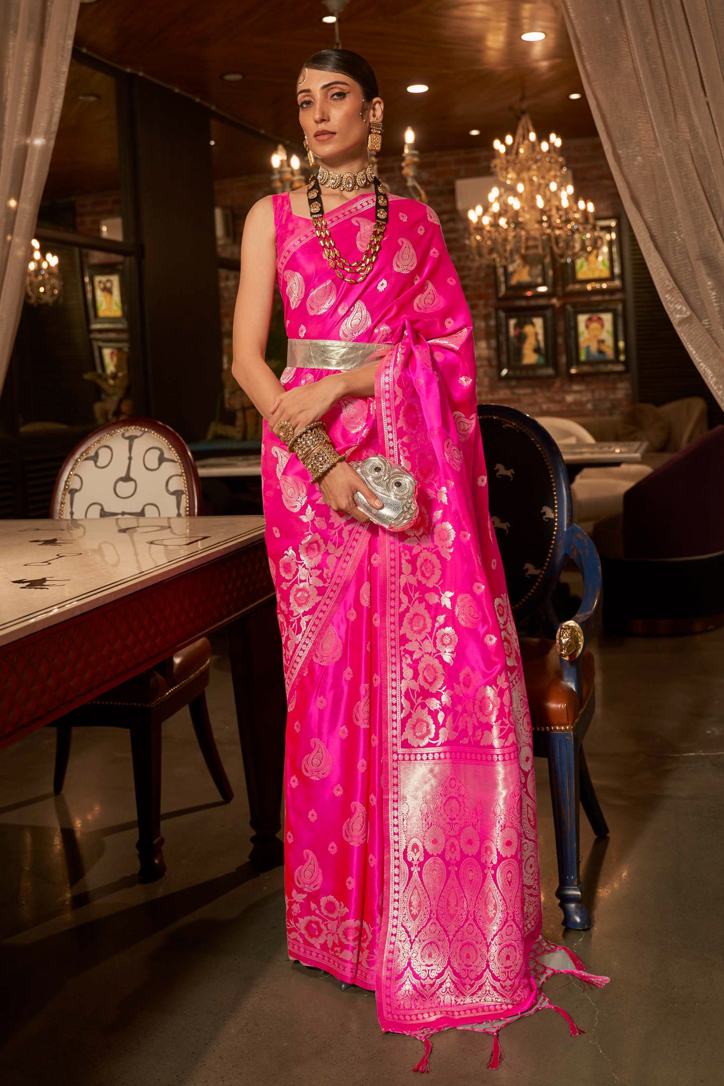 Hot Pink Kanjivaram Style Soft Silk Designer Saree