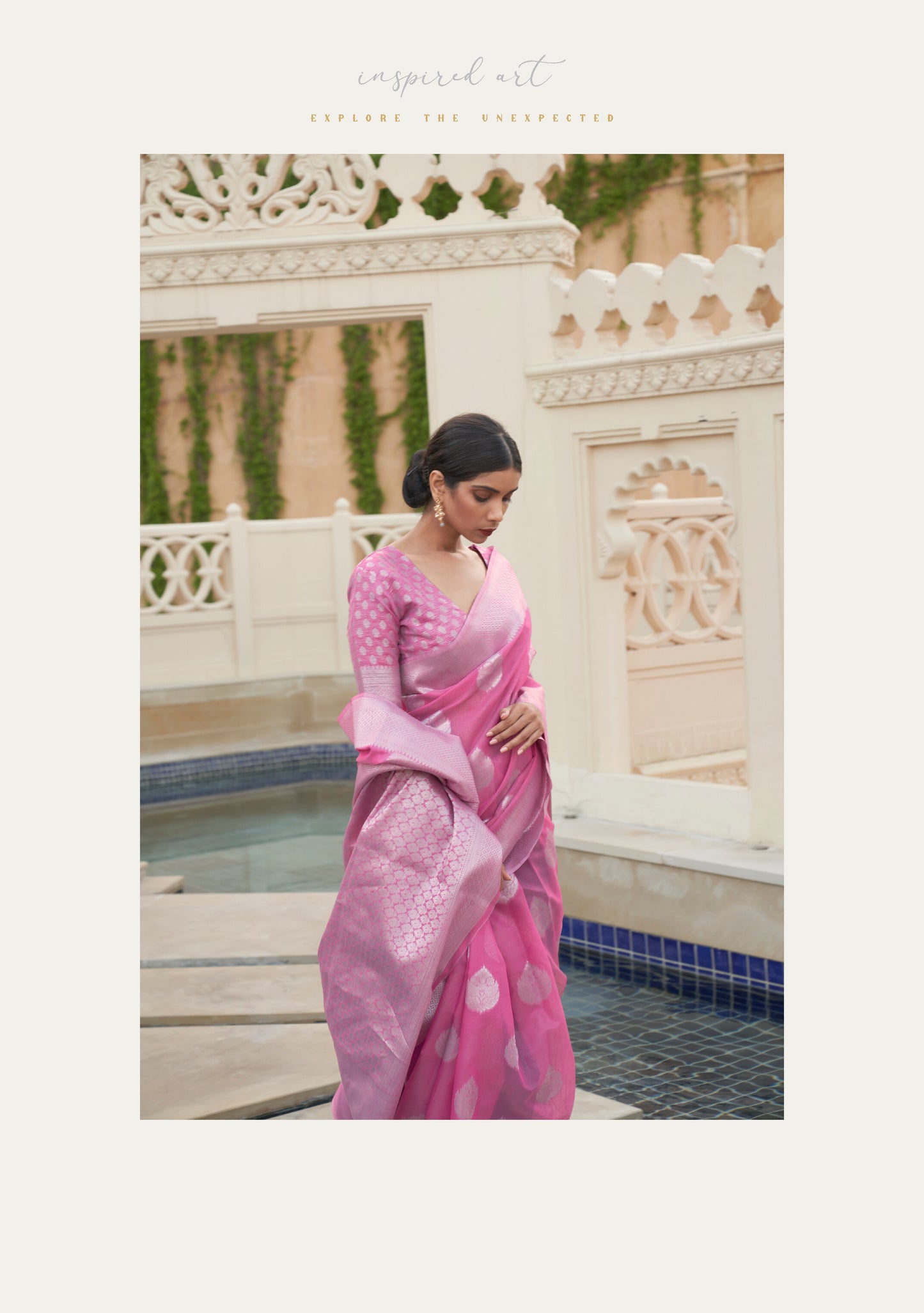 Bubble gum Pink Woven Linen Silk Saree Blouse with Banarasi Butti