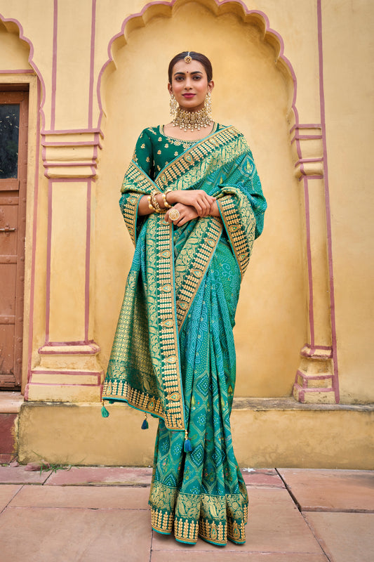 Teal Green  Dola Silk Big Bordered Designer Saree with Embroidered Blouse