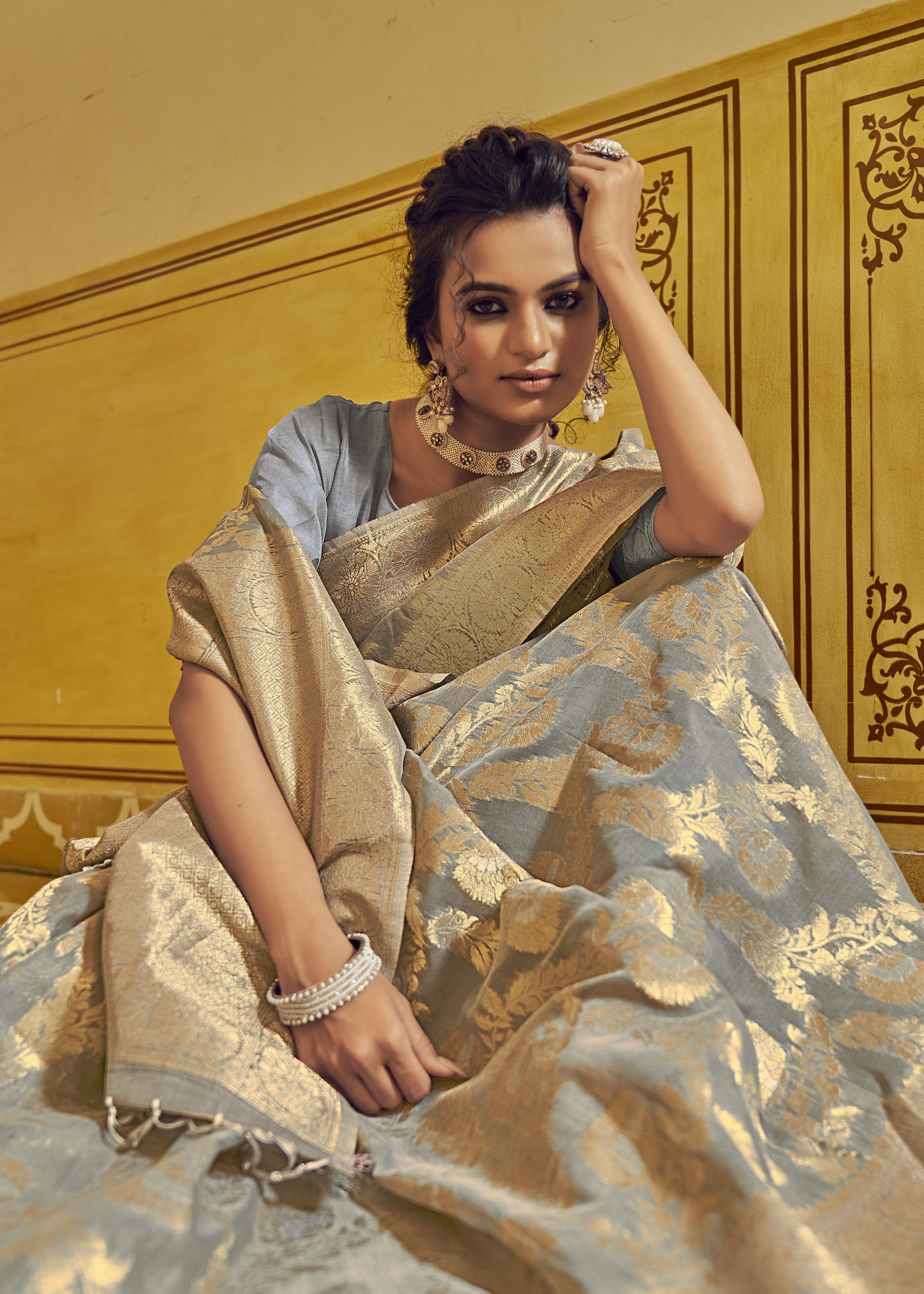 Powder Grey Banarasi Jungla Jaal Zari Woven Saree for Weddings