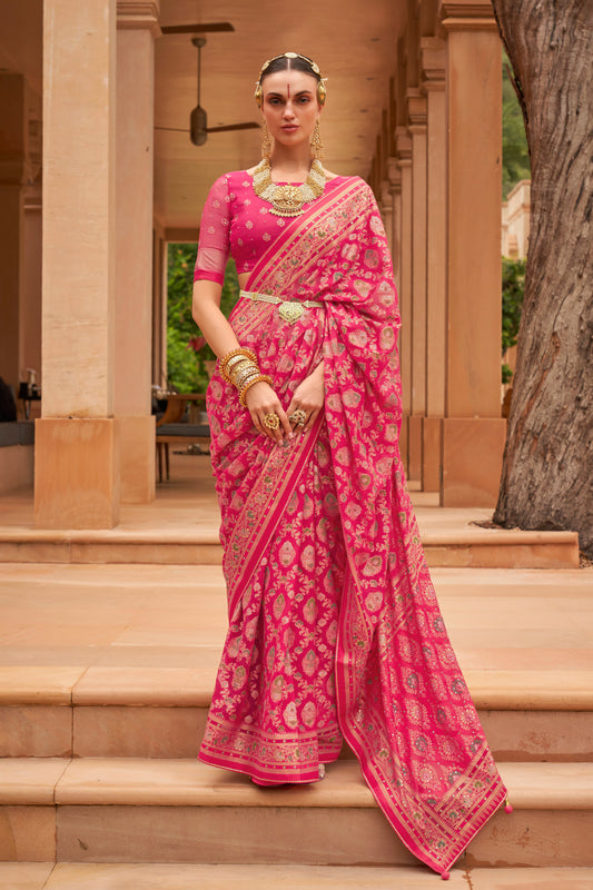 Bright Fuchsia Pink Floral Broad Design Border Soft Silk Saree