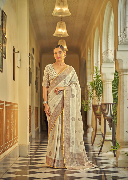 White Pure Linen Woven Silk Saree