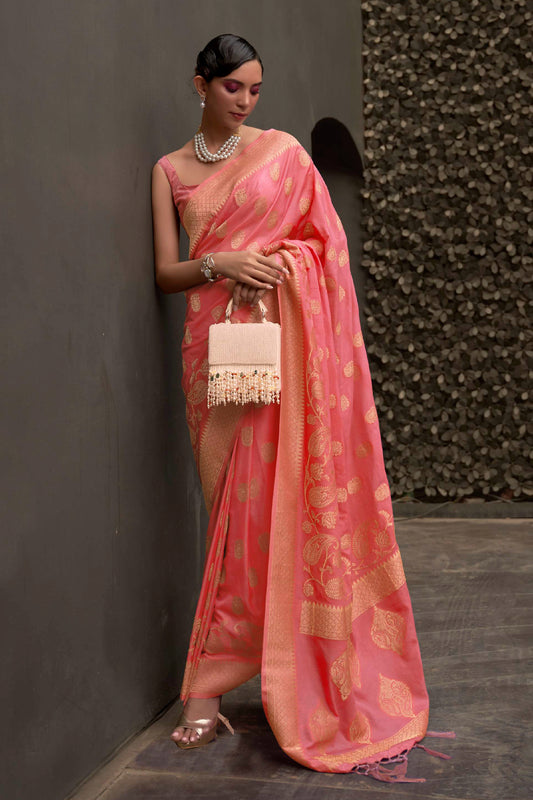 Dark Peach Banarasi Zari Woven Designer Saree with Grand Pallu