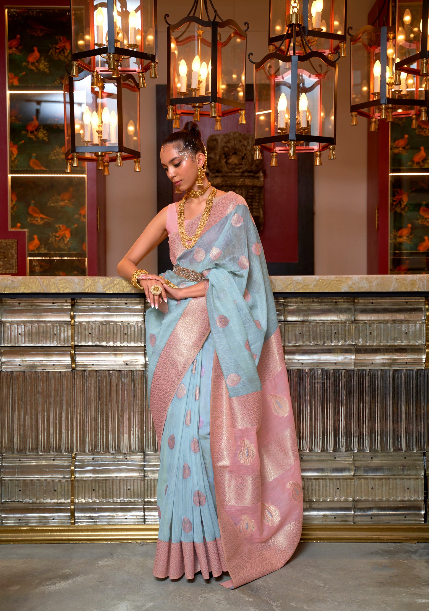 Powder Blue & Pink Banarasi Linen Silk Saree Fir Pretty You/ SheInSarees