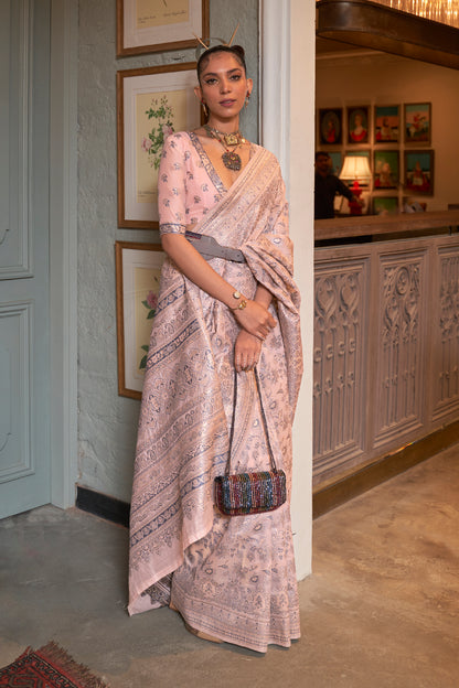 Peach Pink Woven Kani Pure Modal Handloom Weaving Silk Saree