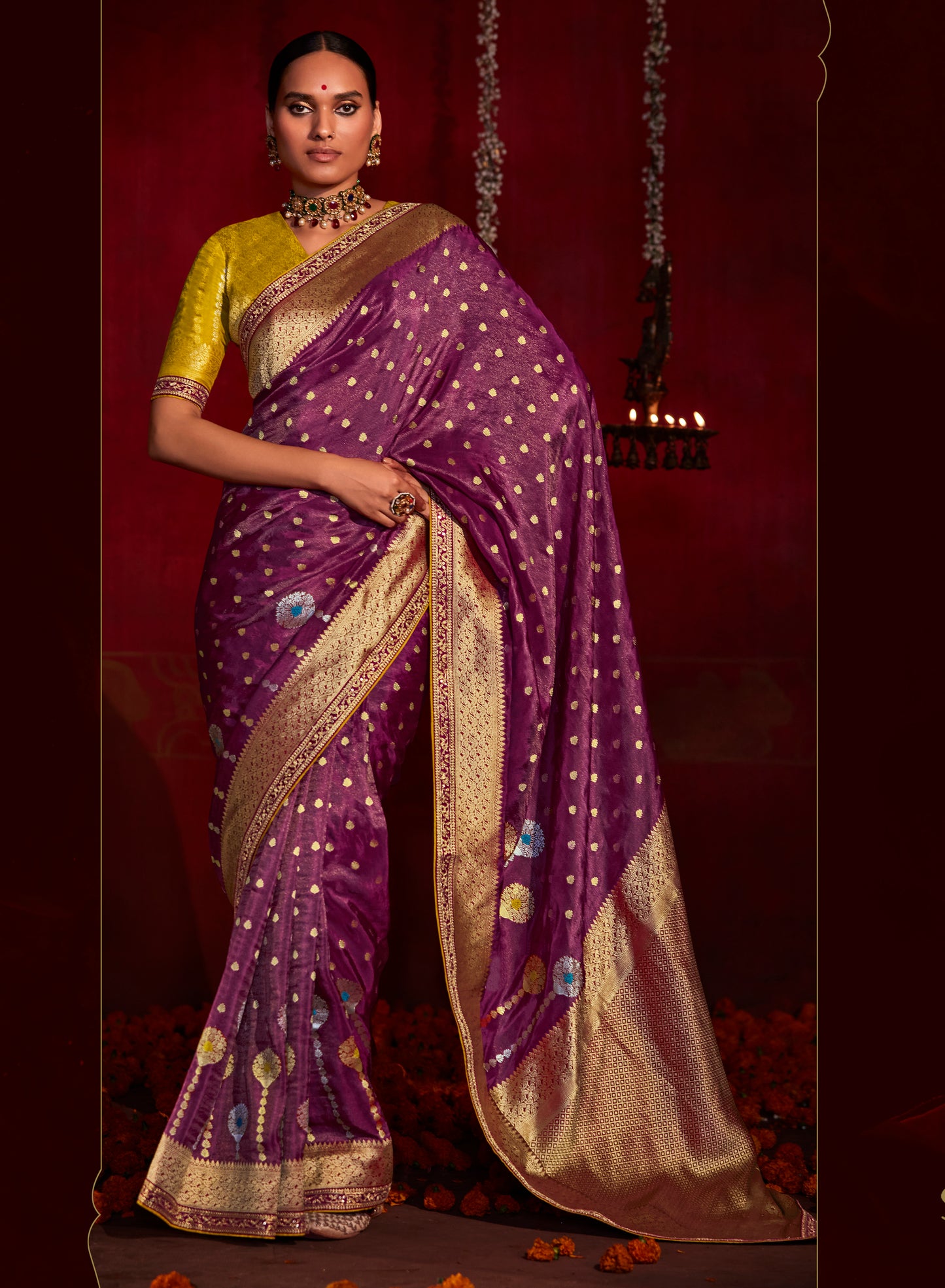 Wine Purple Banarasi Ektara Silk Saree with Mustard Yellow Blouse