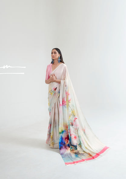 Light Pink & White Abstract 3D Printed Pure Satin Silk Saree for Weddings