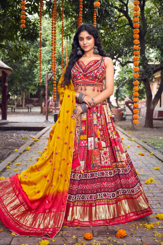 Raspberry Red Traditional Gajji Lahenga Choli with Designer Embroidered Mirror Embellished Blouse
