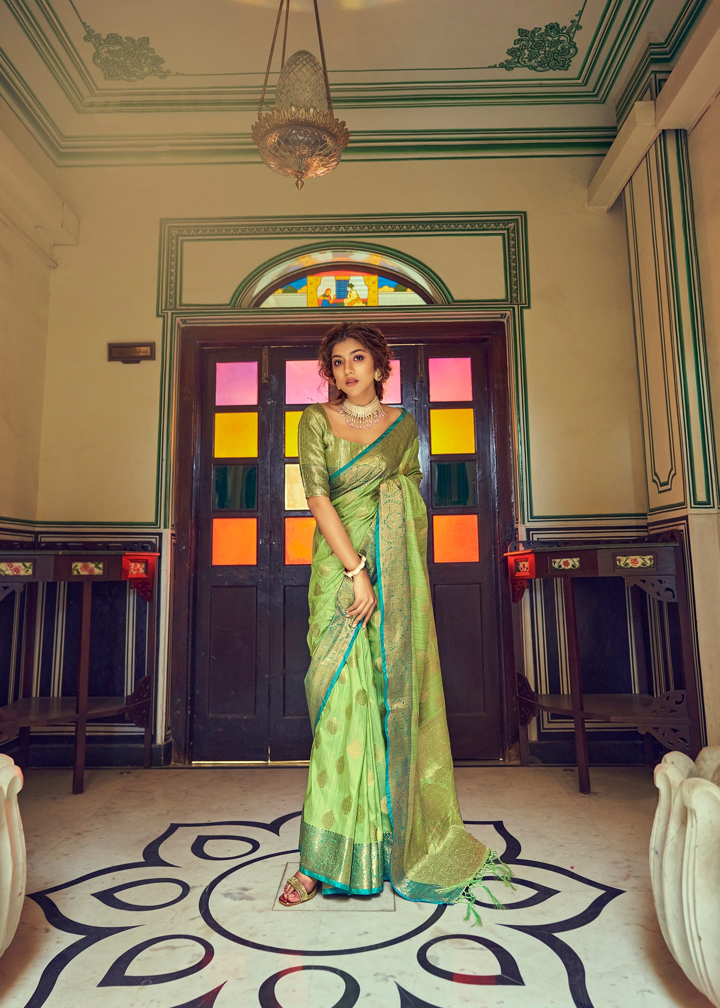 Basil Green Woven Banarasi Saree for Weddings