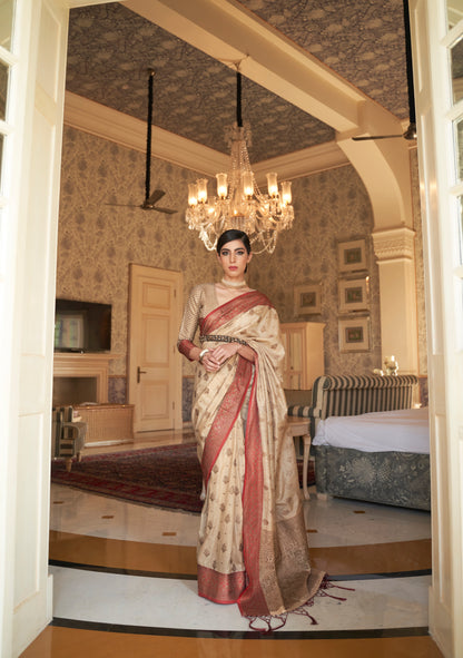 Ivory and Golden Banarasi Weaving Silk Saree for Wedding Reception