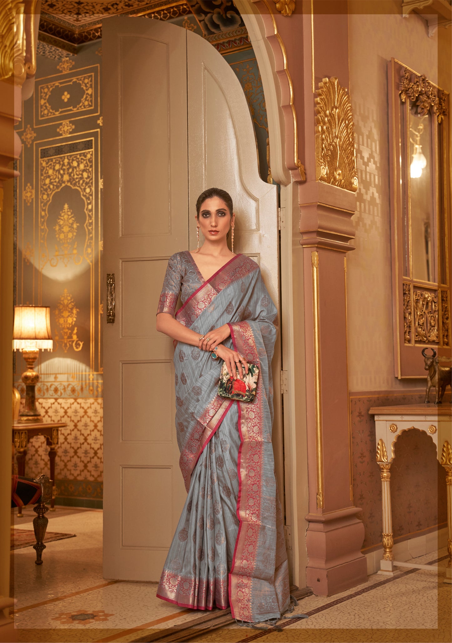 Grey with Red Soft Tussar Silk Saree with Copper Zari Butti