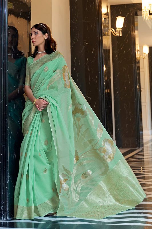 Seafoam Green  Zari Woven Floral Pallu Linen Saree.