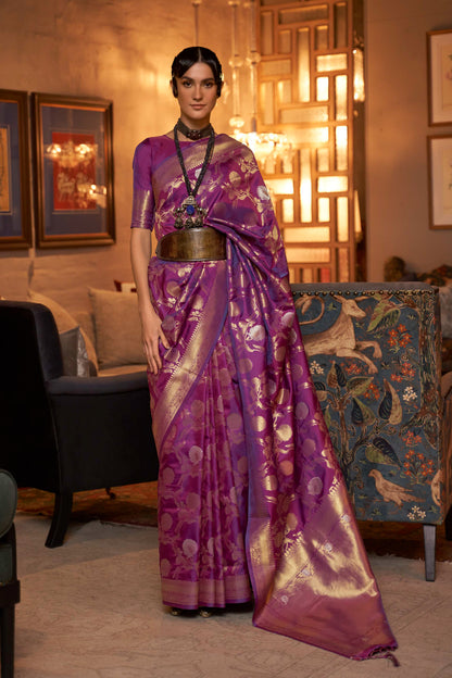 Plum Purple Woven Banarasi Jungla Jaal Soft Silk Saree