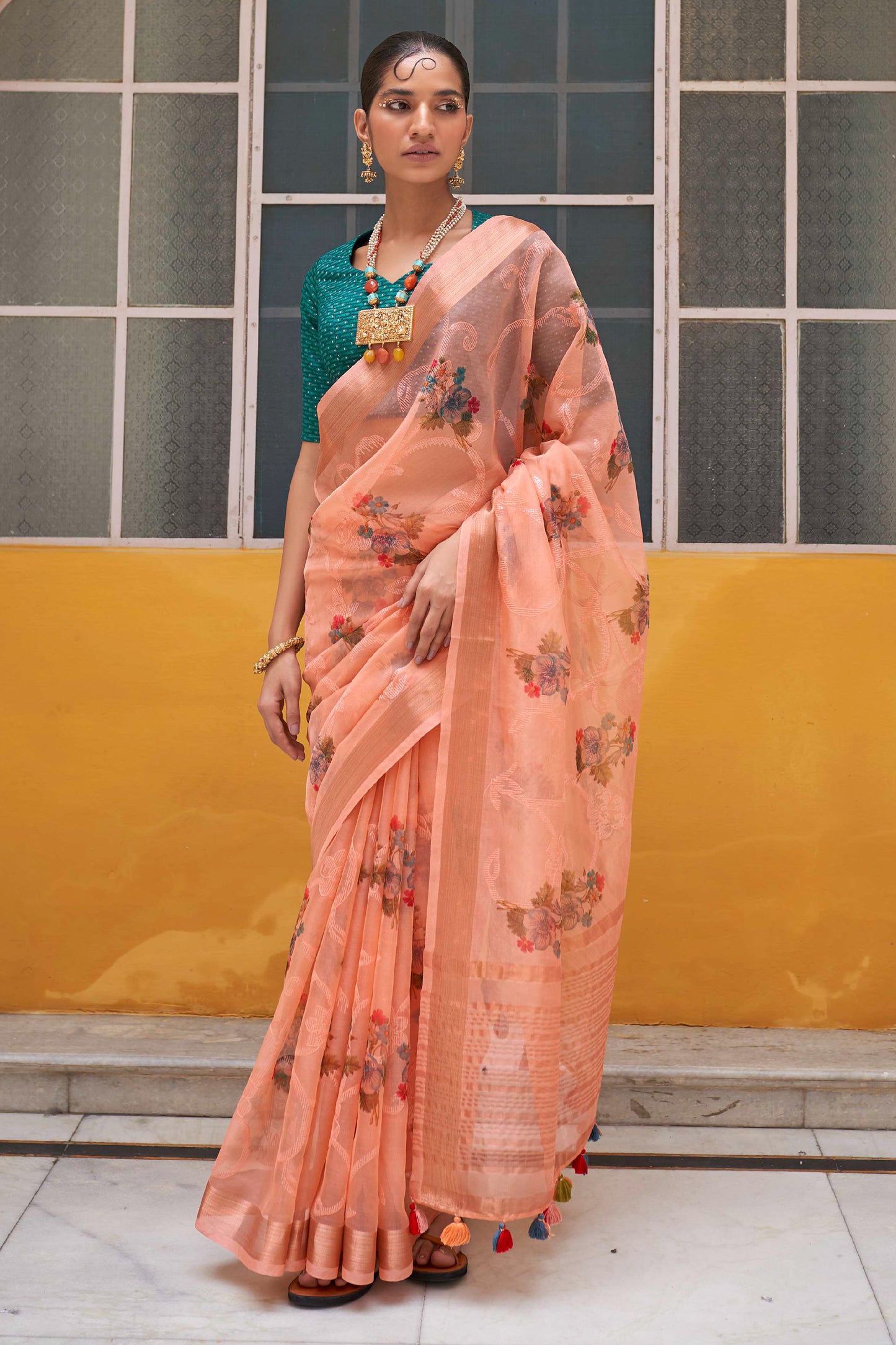 Peach Floral Organza Water Sequence Embellished Lightweight Saree