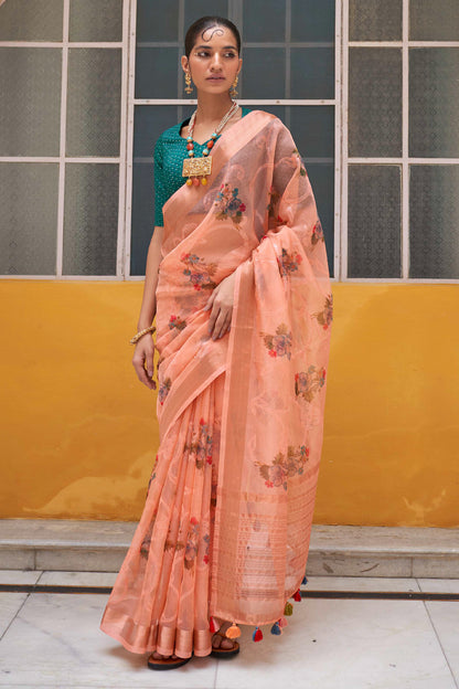 Peach Floral Organza Water Sequence Embellished Lightweight Saree