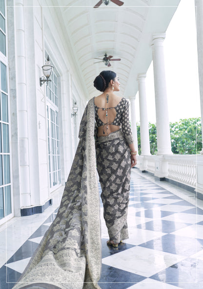 Smoky Grey Woven Chikankari Saree with Intricate Design