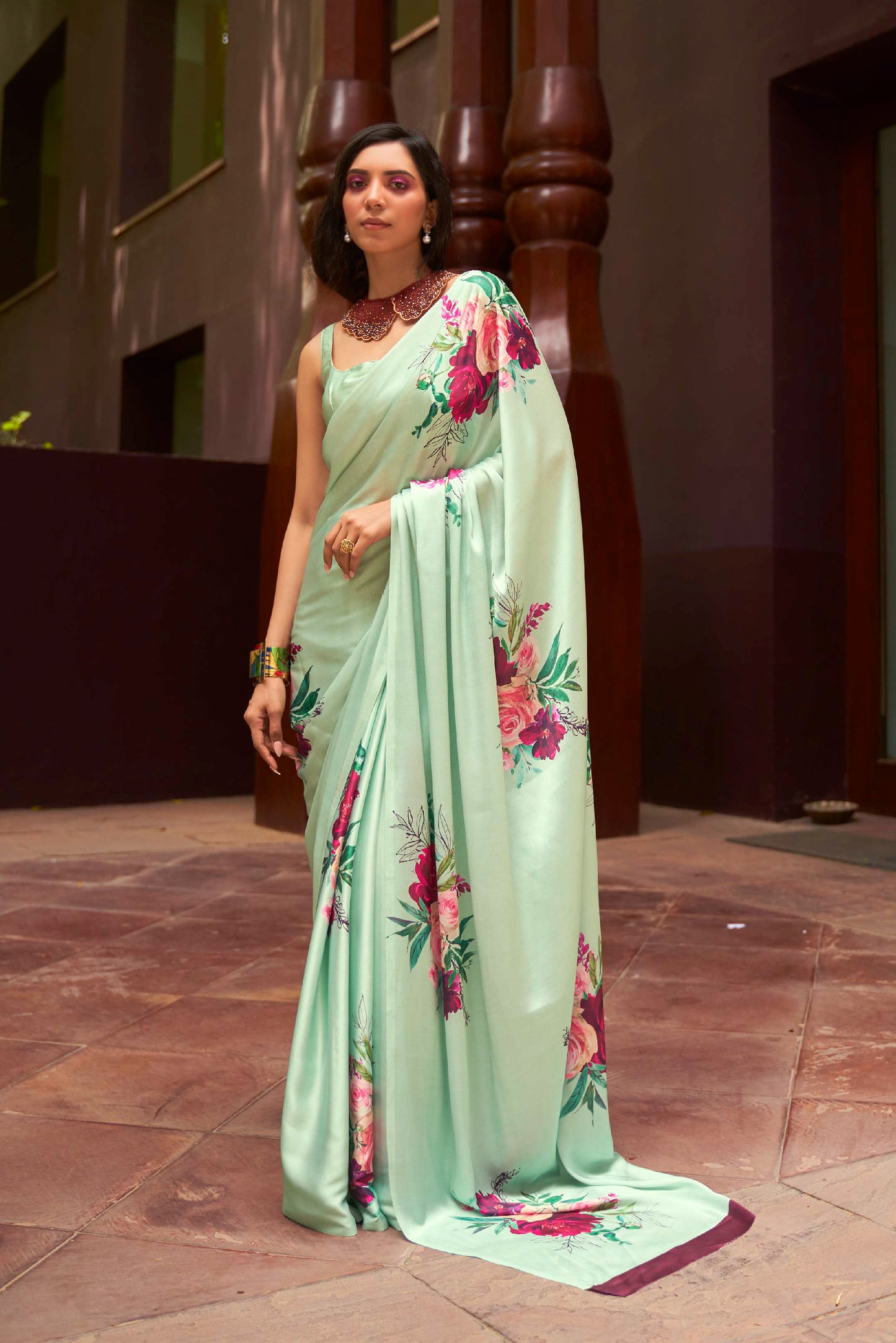 Light Green Floral 3D Printed Pure Satin Silk Saree for Weddings