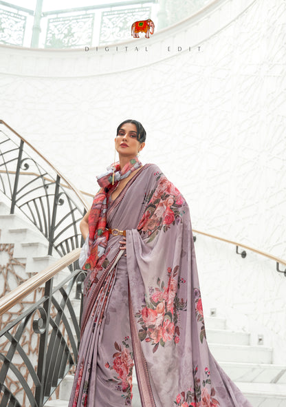 Light Grey Floral Printed Kalamkari Saree