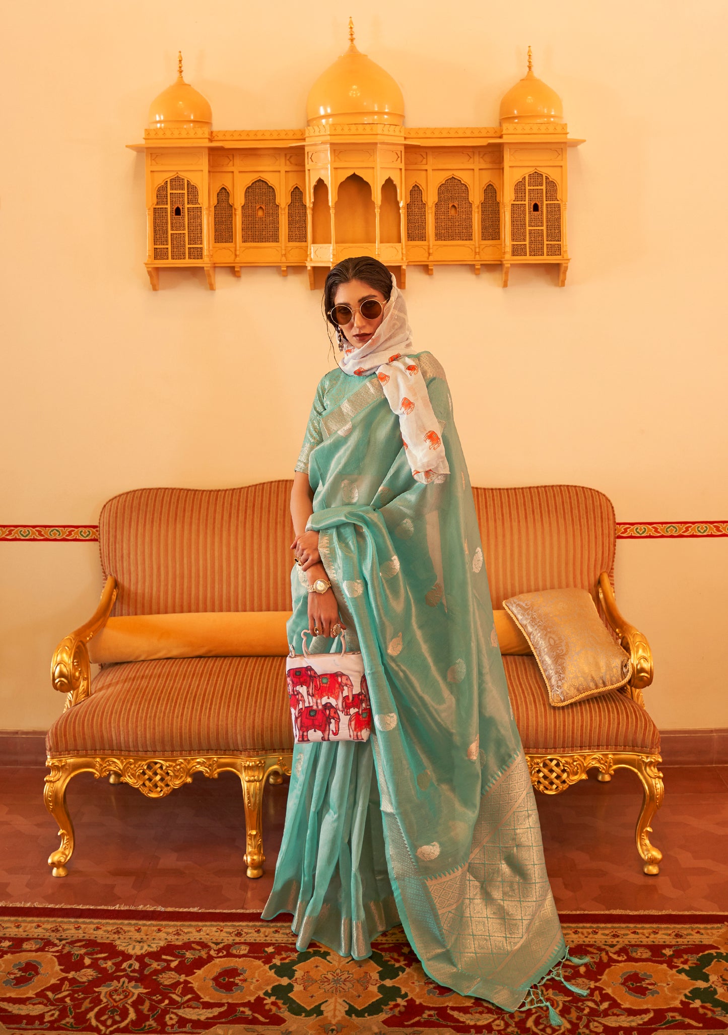 Light Sage Woven Designer Tissue Saree for Weddings