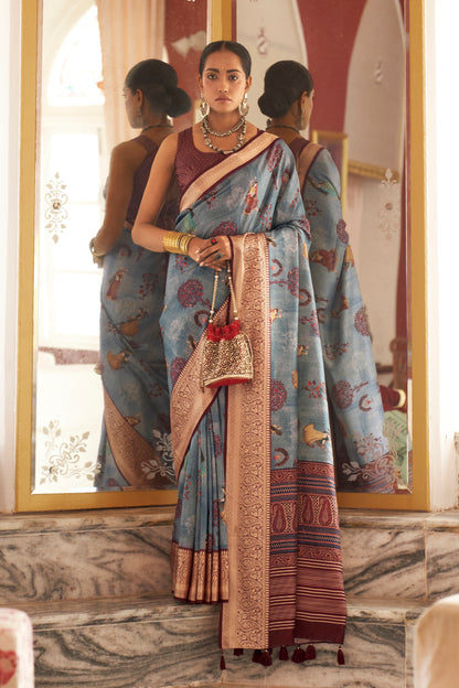 Slate Grey Pen Kalamkari Printed Silk Saree with Woven Kanchi Pallu