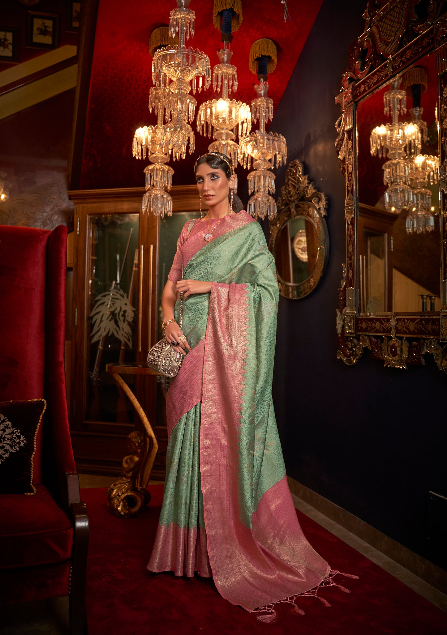 Light Green with Pink  kanjivaram Pattu Saree for Woman