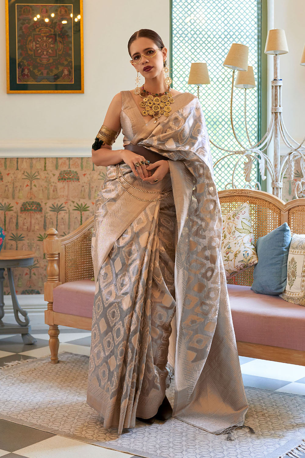 Sparkling Grey Soft Tissue Zari Jaal Weaving Saree for Weddings